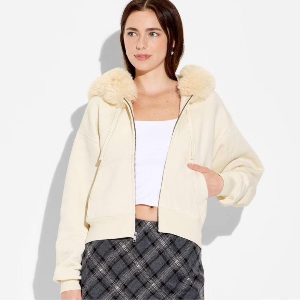Cream Zip Up with Fluffy Fur Hoodie